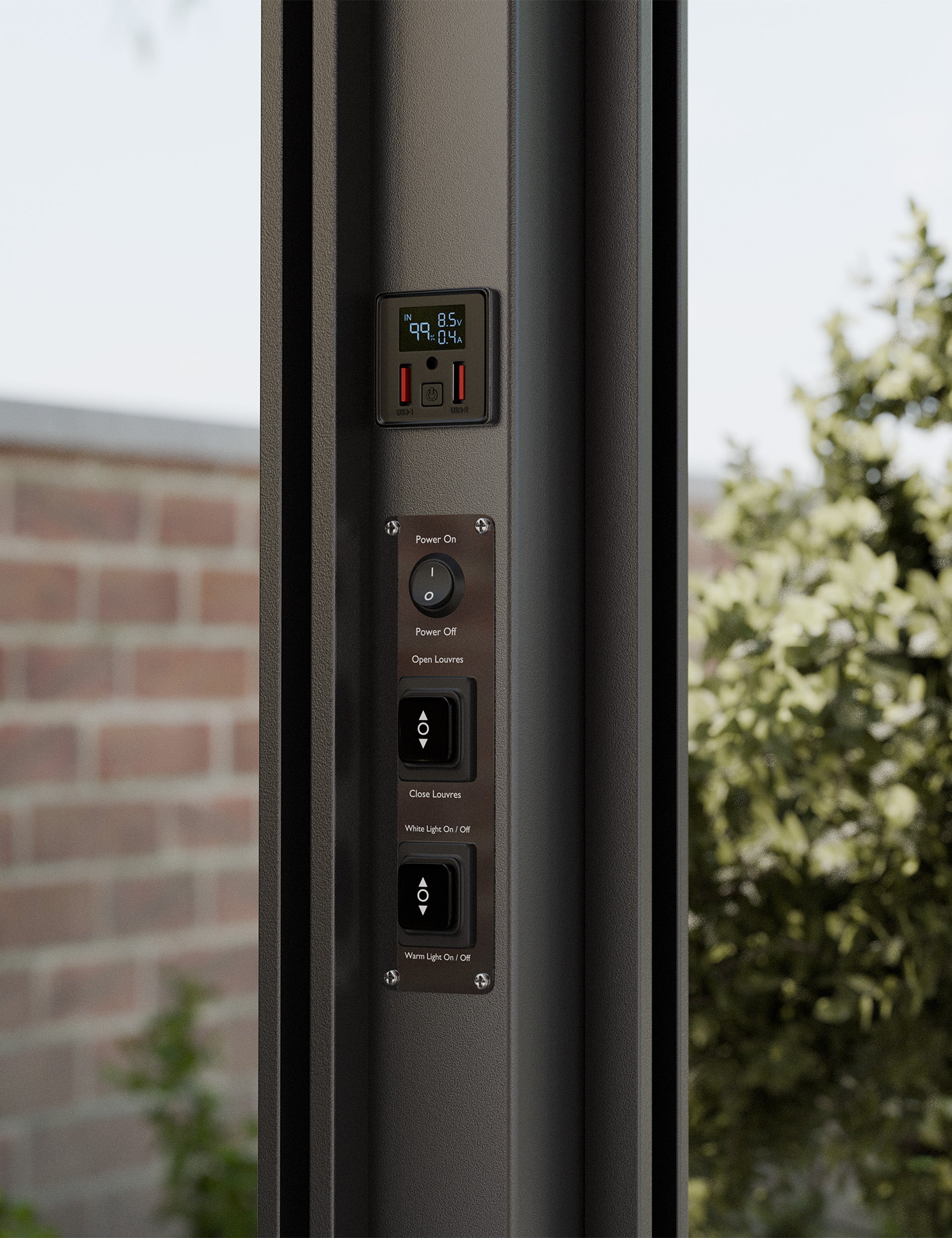 Close-up of pergola control panel with switches and USB charging ports