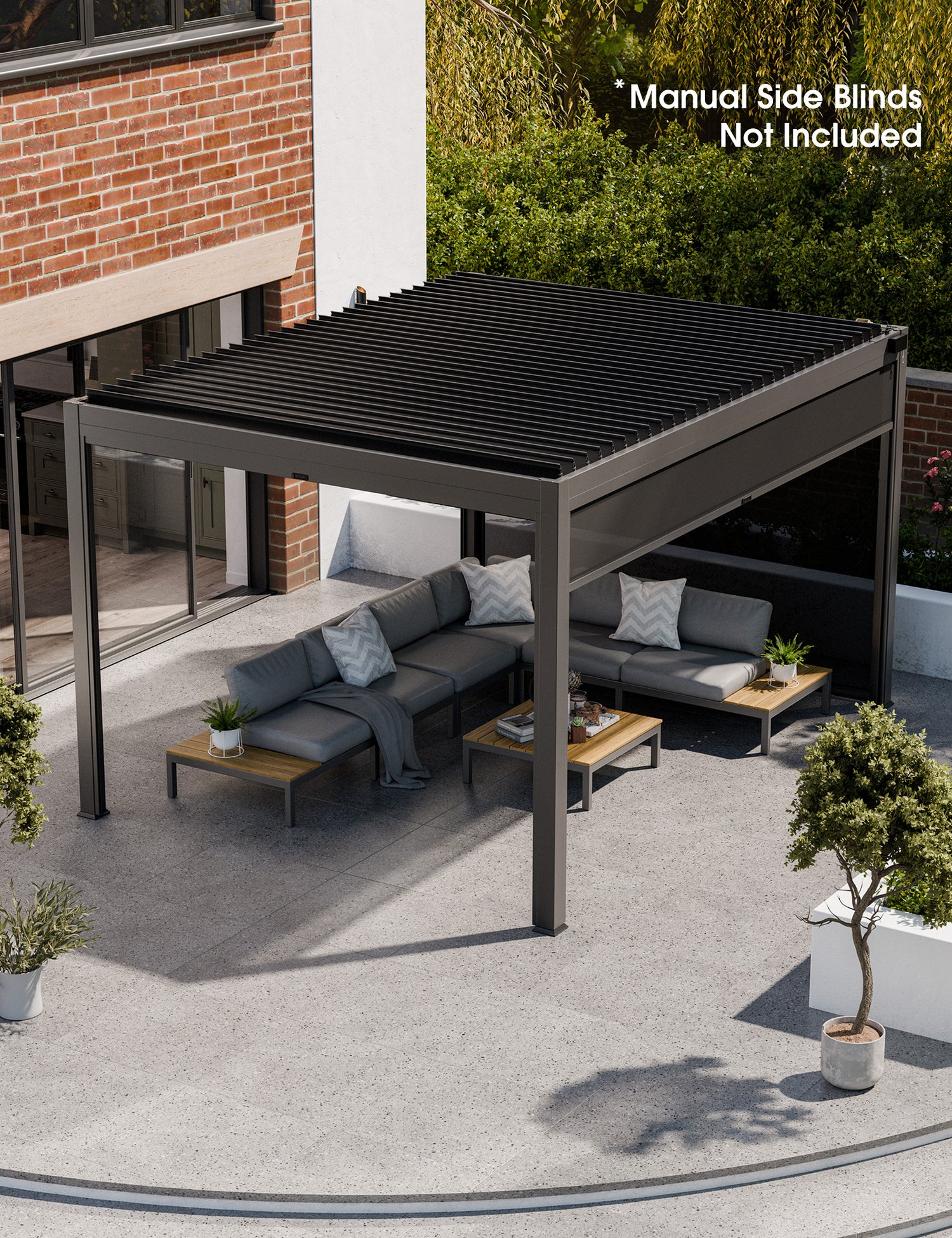 Modern black pergola without side blinds, with grey sofas on patio
