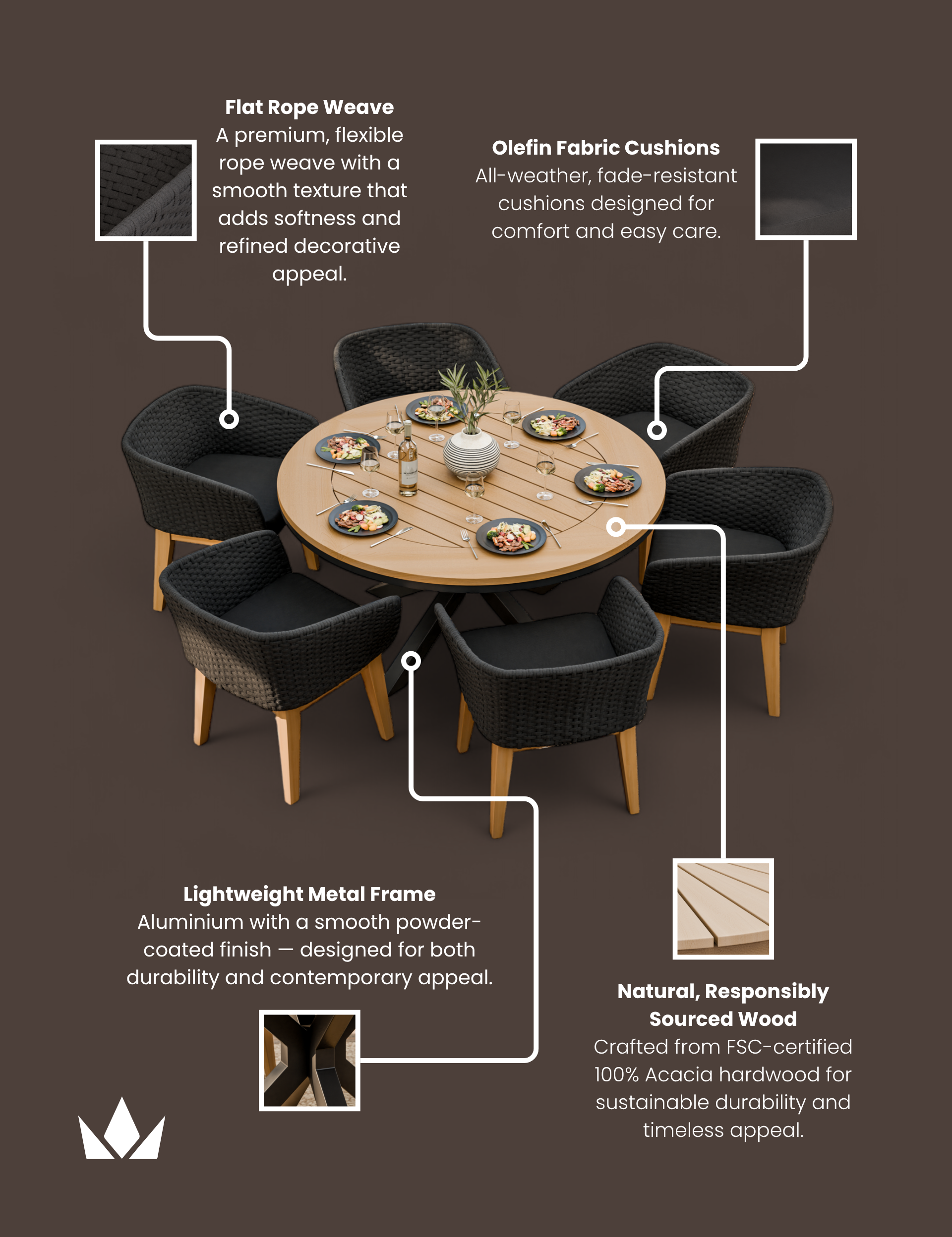 Tuscany 6 Seater Round Dining Set with Eden Night Dining Chairs