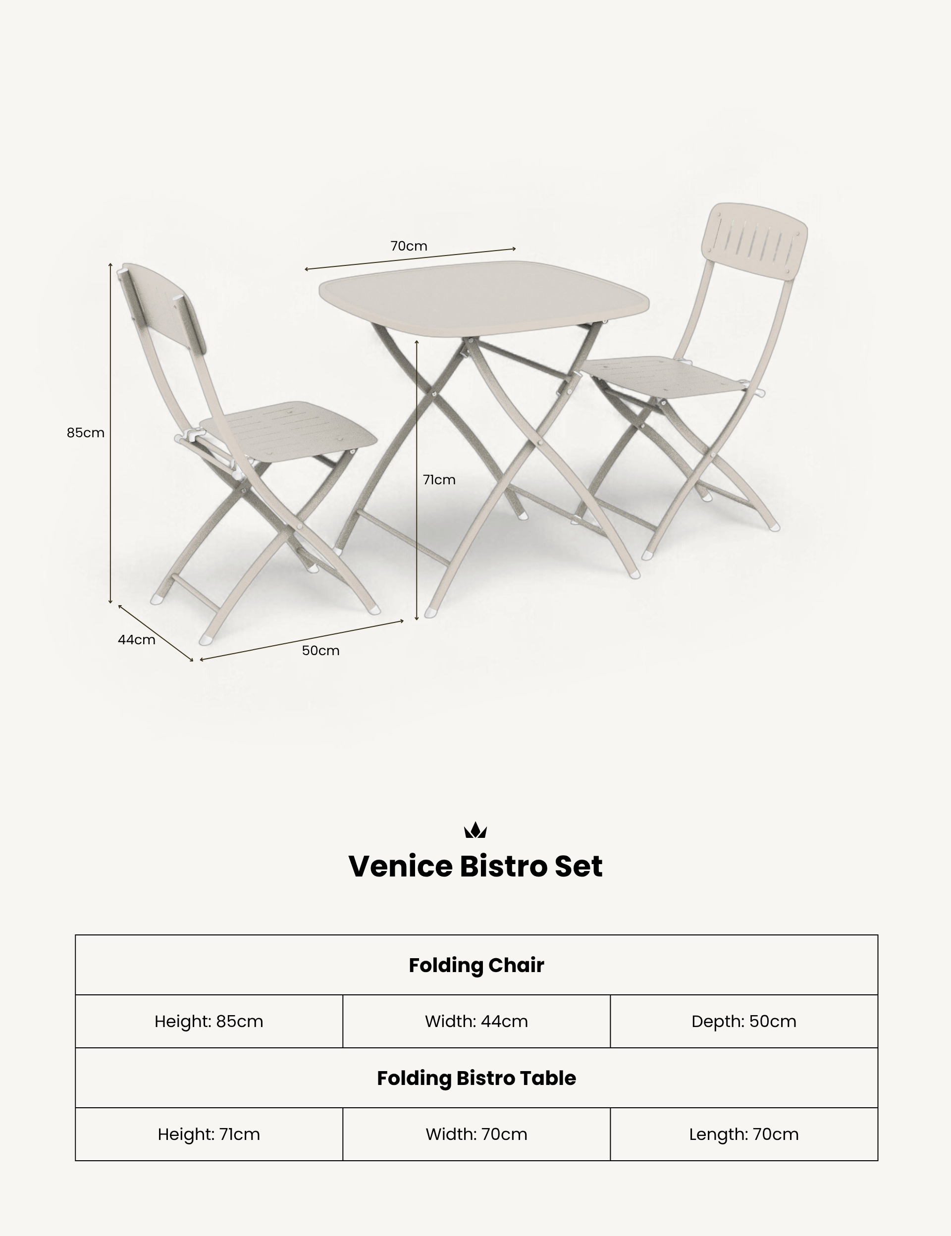 Venice 2 Seater Folding Bistro Set in Champagne