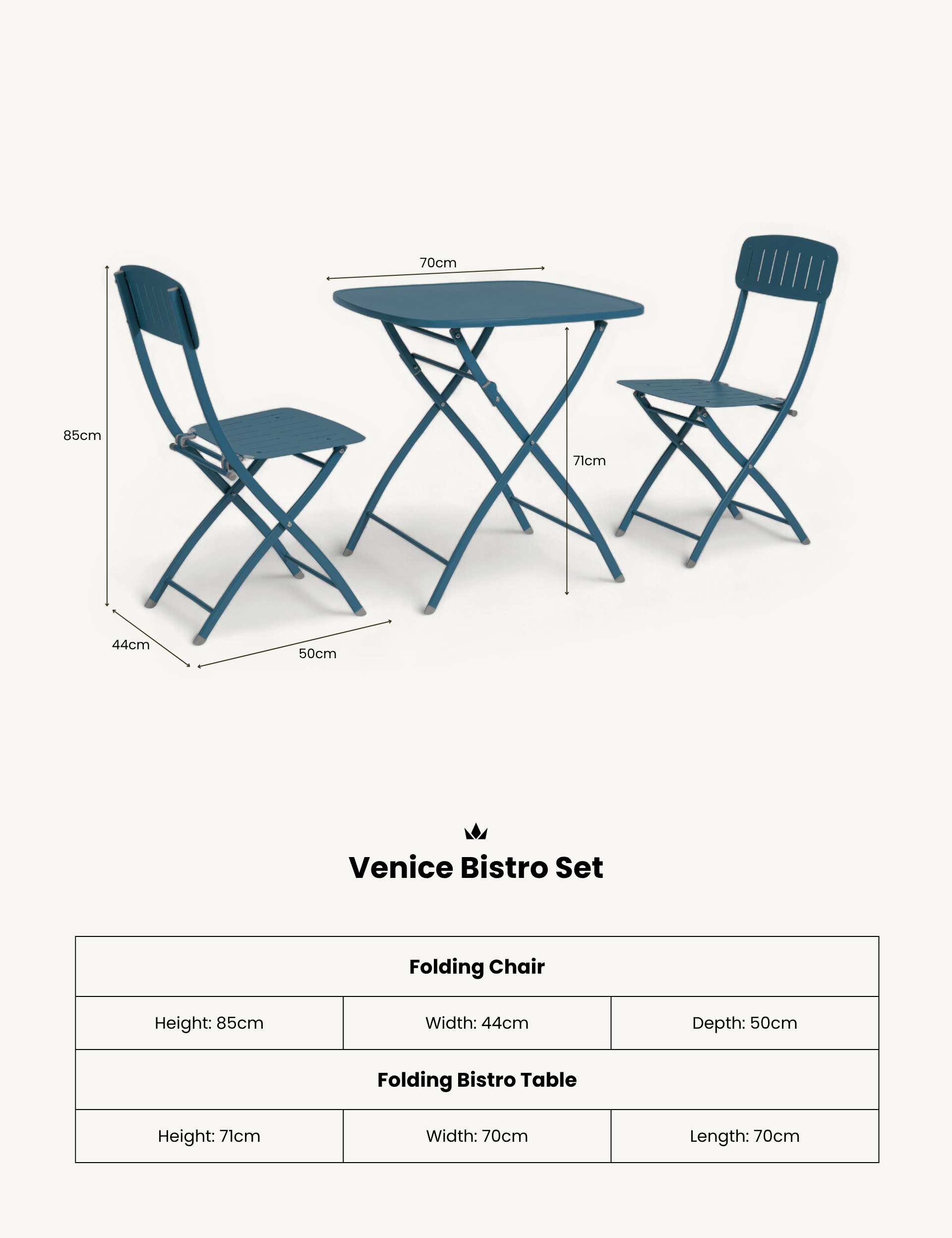 Venice 2 Seater Folding Bistro Set in Caribbean Blue