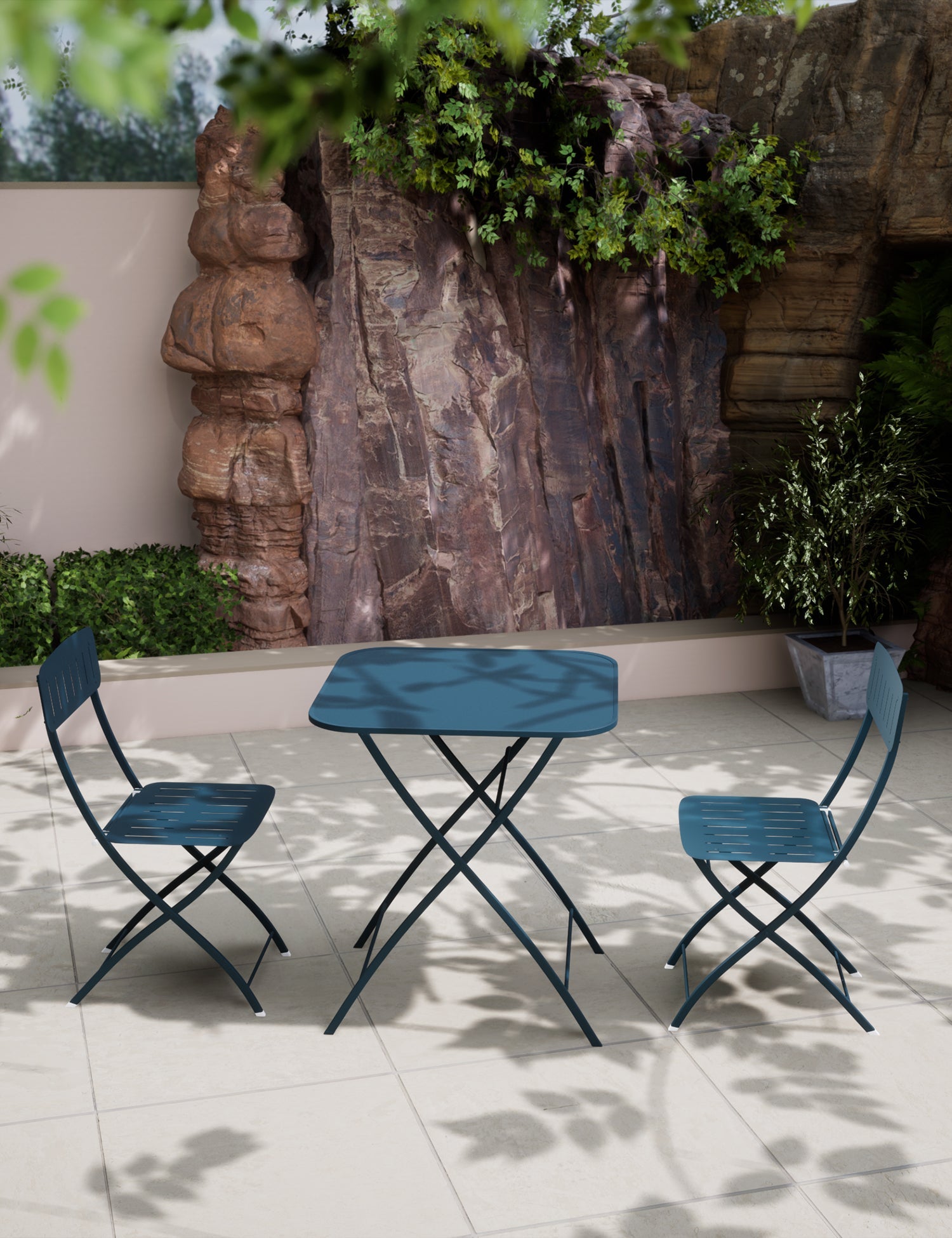 Blue metal folding bistro set with square table and two chairs