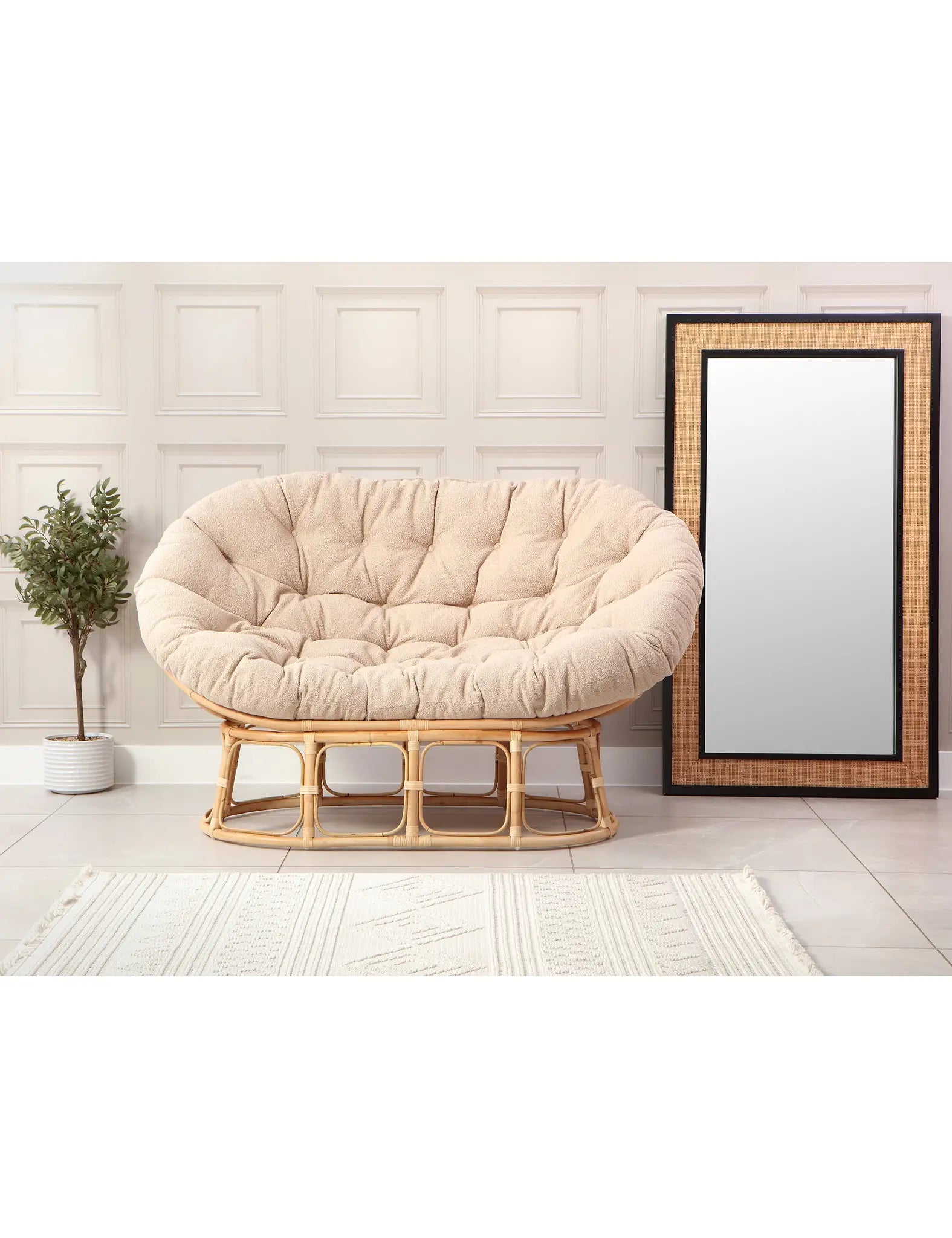 York Rattan Papasan Sofa with Latte Boucle Cushion