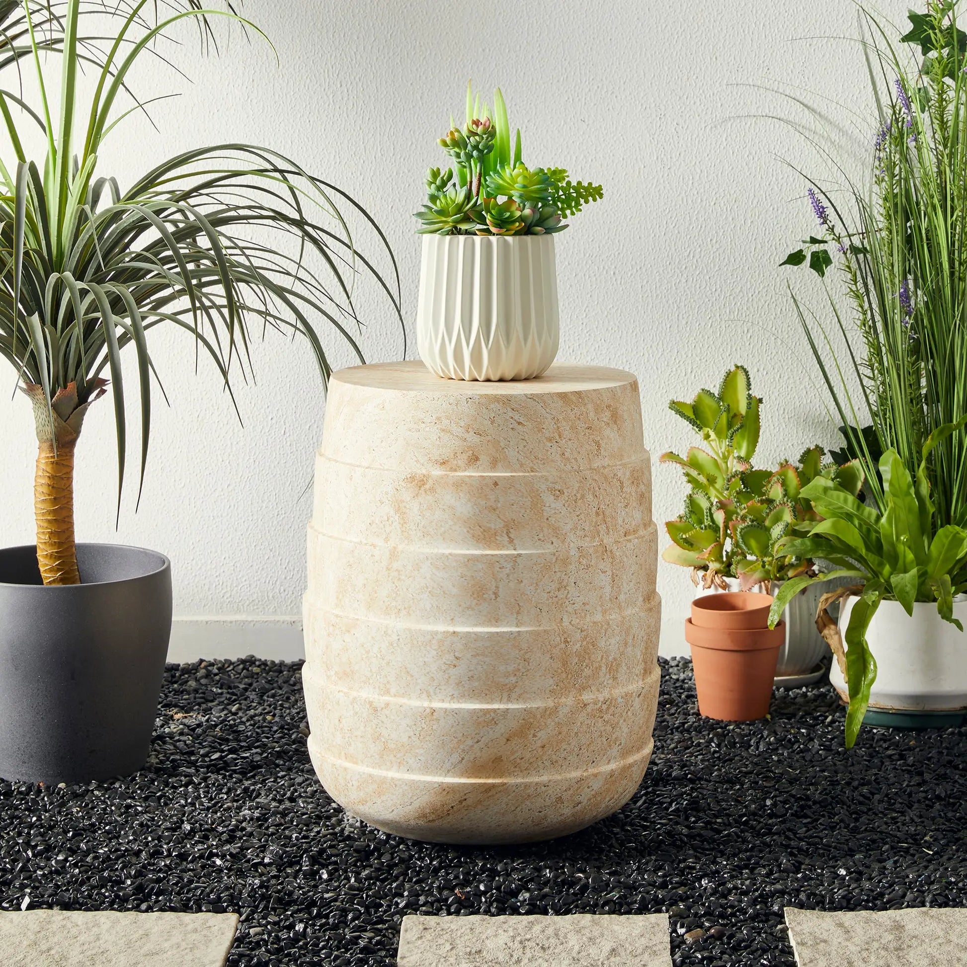 Pisa Round Rippled Travertine Look Side Table