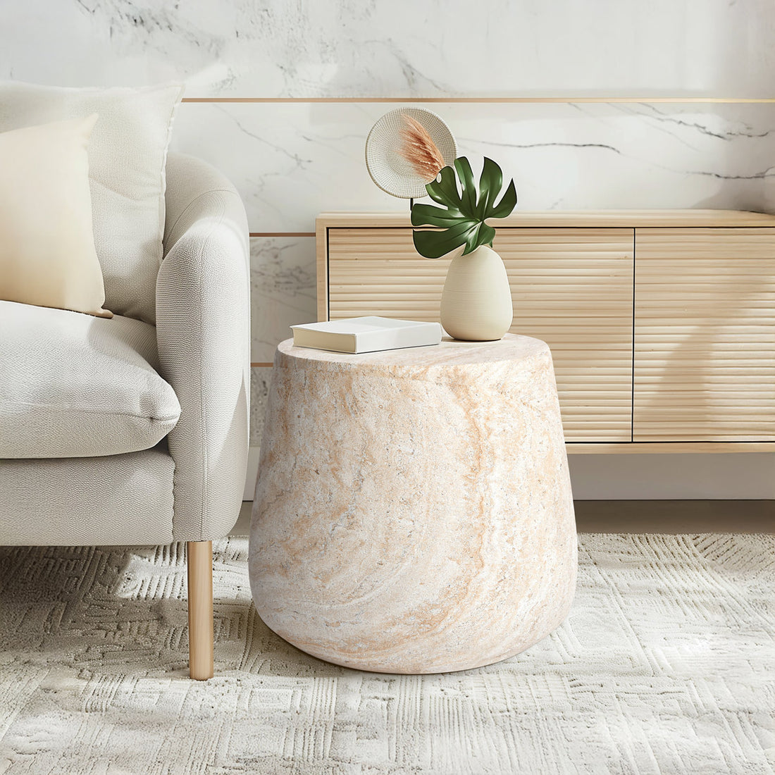 Pisa Round Tapered Travertine Look Side Table