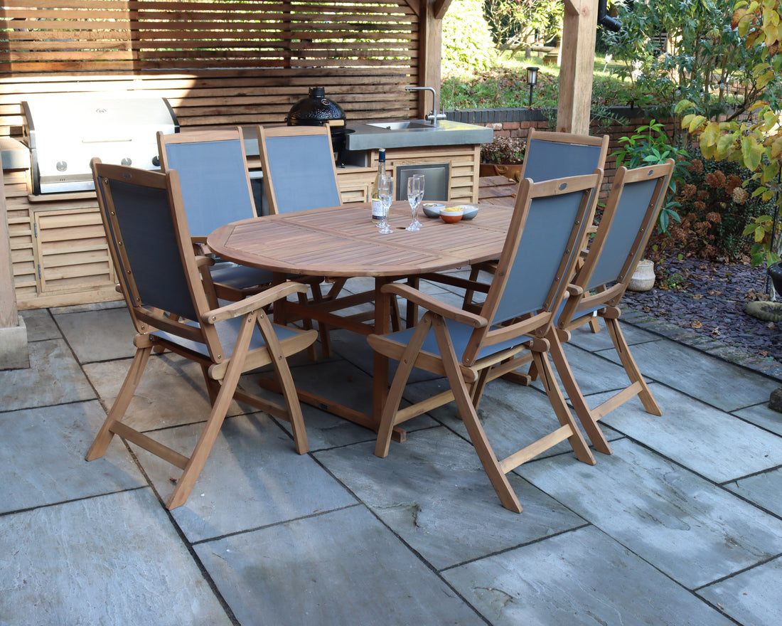 Turnbury 6 Seater Oval Extending Dining Set with Henley Grey Textylene Recliners