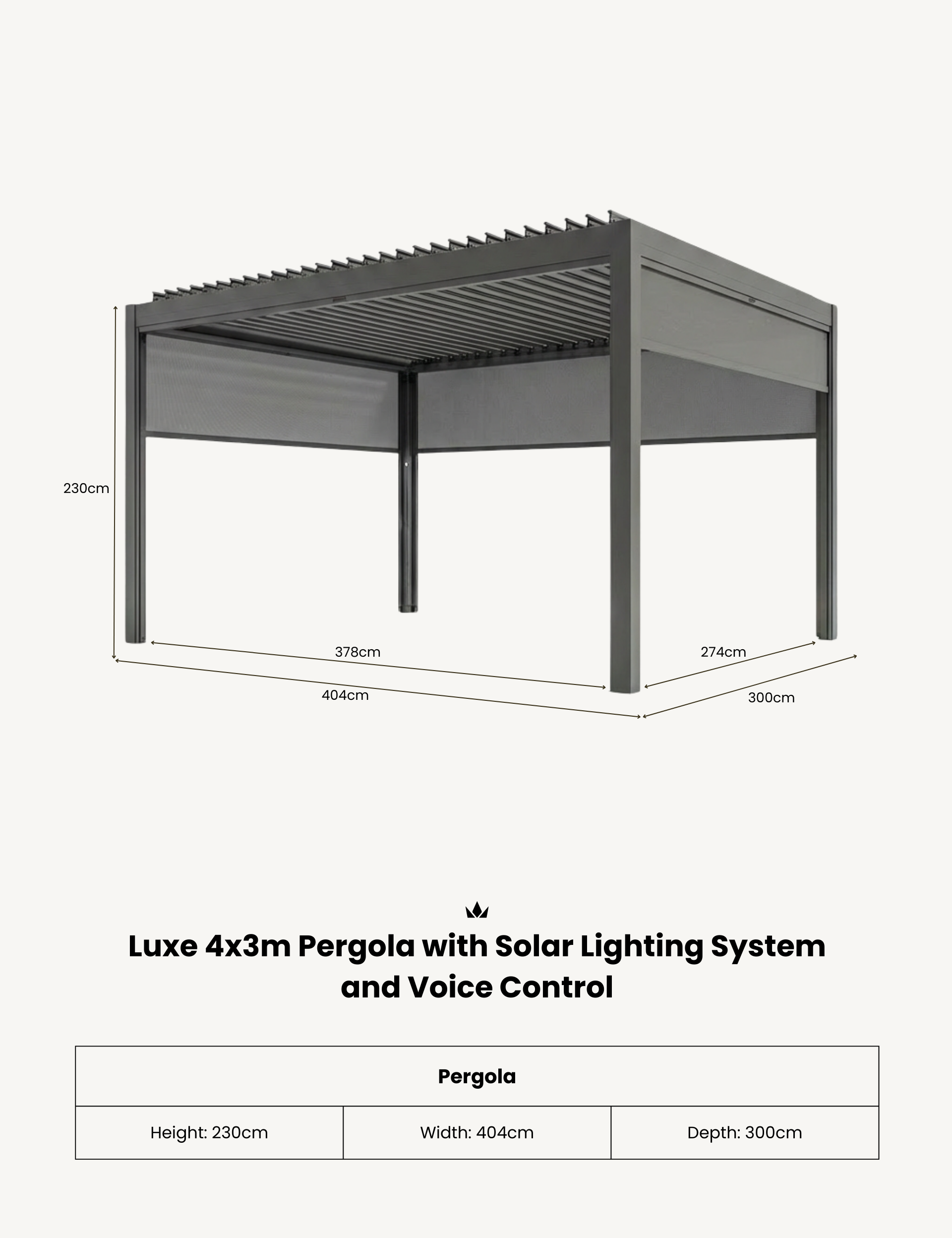 Luxe 4x3m Pergola with Solar Lighting System and Voice Control
