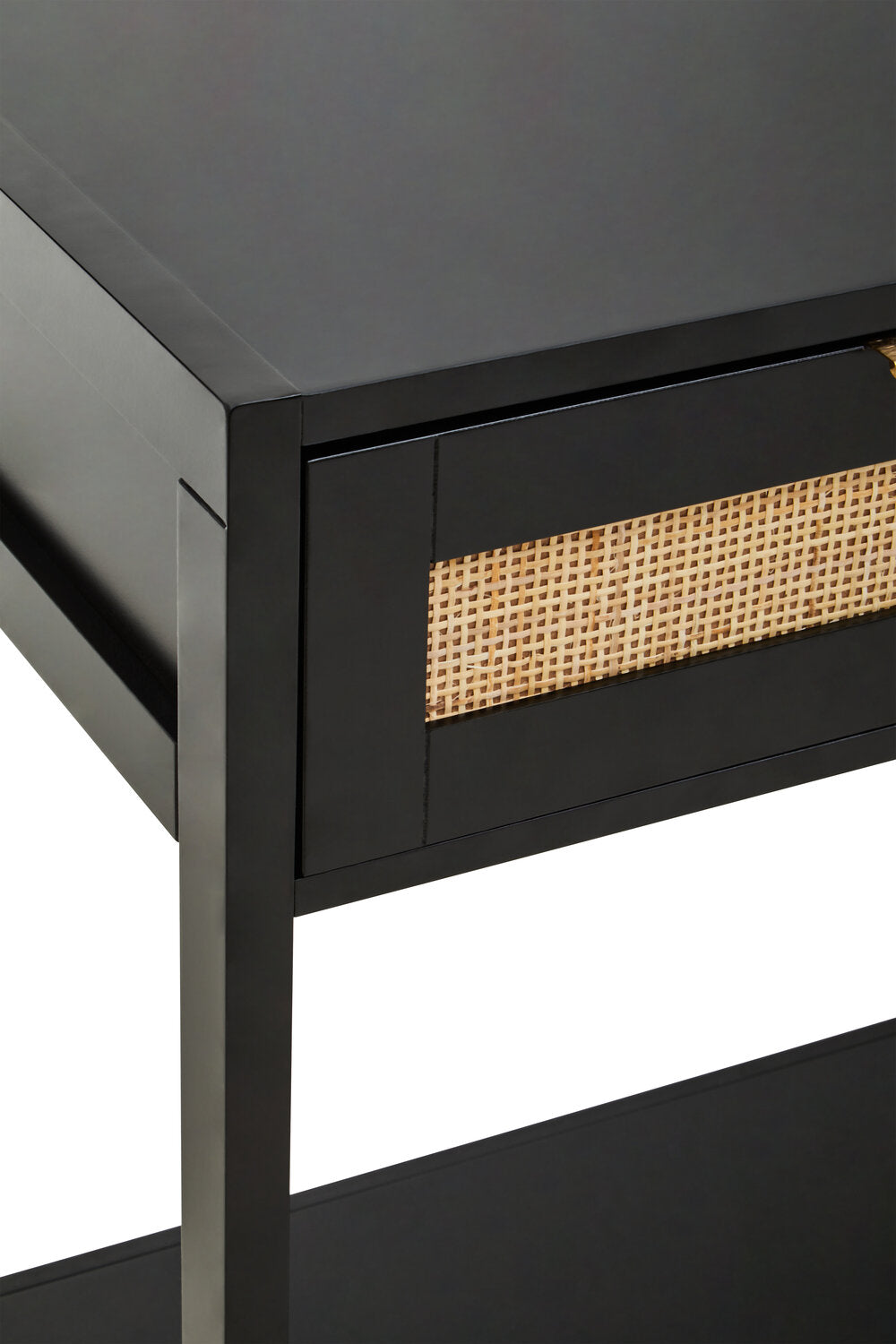 Image of Sherman Black Wood and Rattan Two Drawer Console Table - Macro