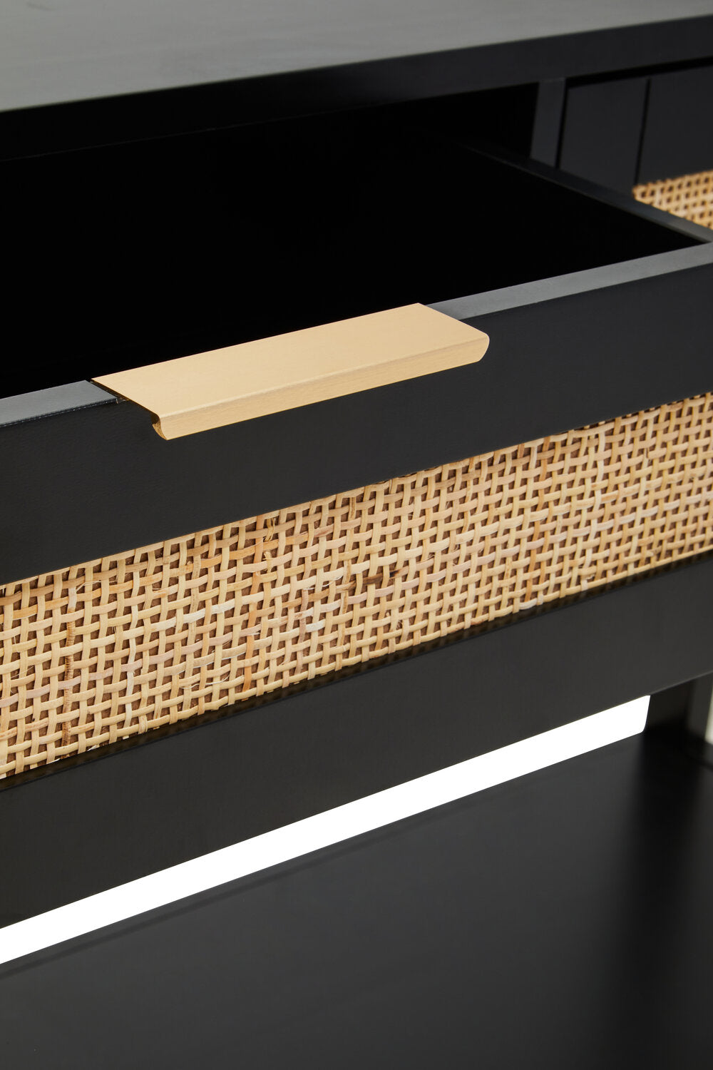 Image of Sherman Black Wood and Rattan Two Drawer Console Table - Macro