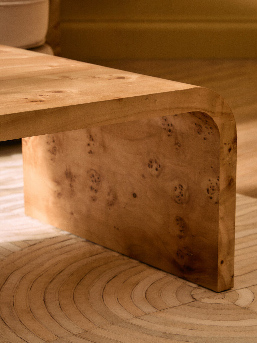 Image of Natural Burl Wood Curved Coffee Table with Smooth Curved Edges, Mota