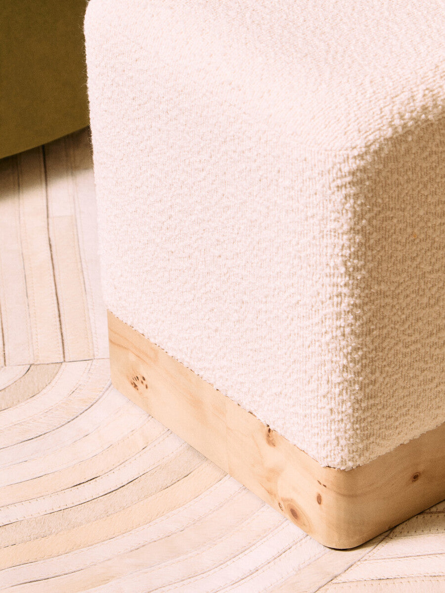 Image of Mota Burl Wood And Cream Boucle Square Stool