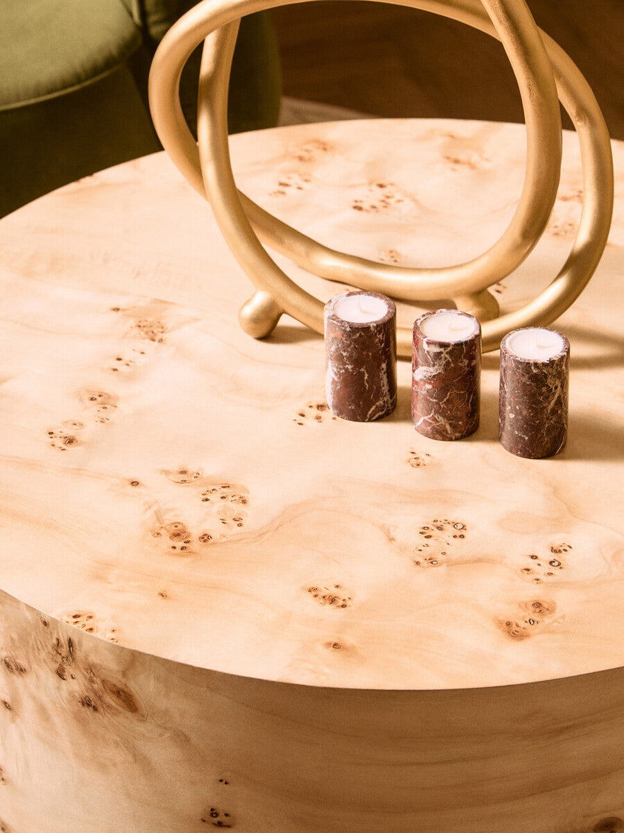 Image of Natural Burl Wood Round Coffee Table with Drum Shape Design, Mota