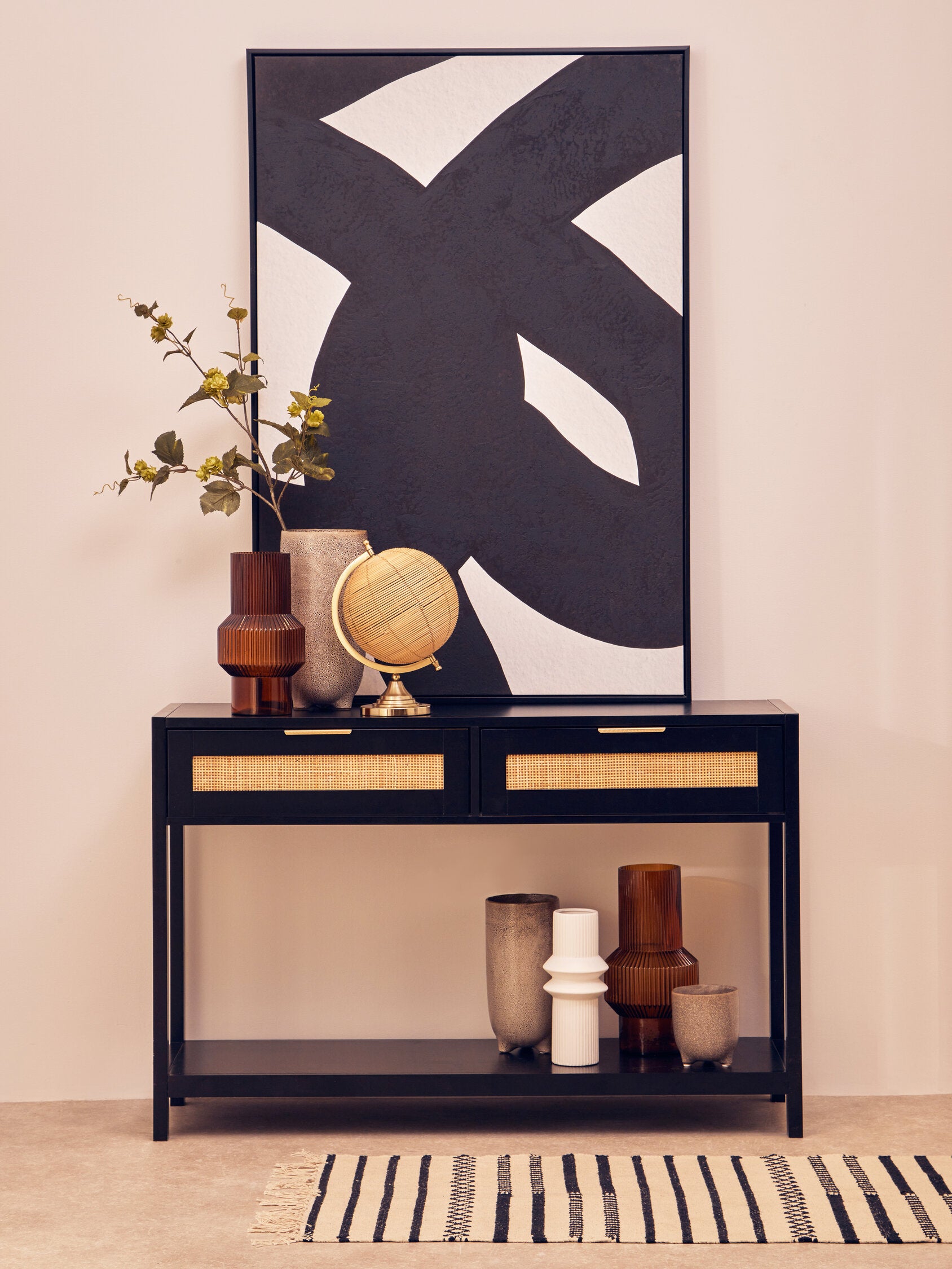 Image of Sherman Black Wood and Rattan Two Drawer Console Table