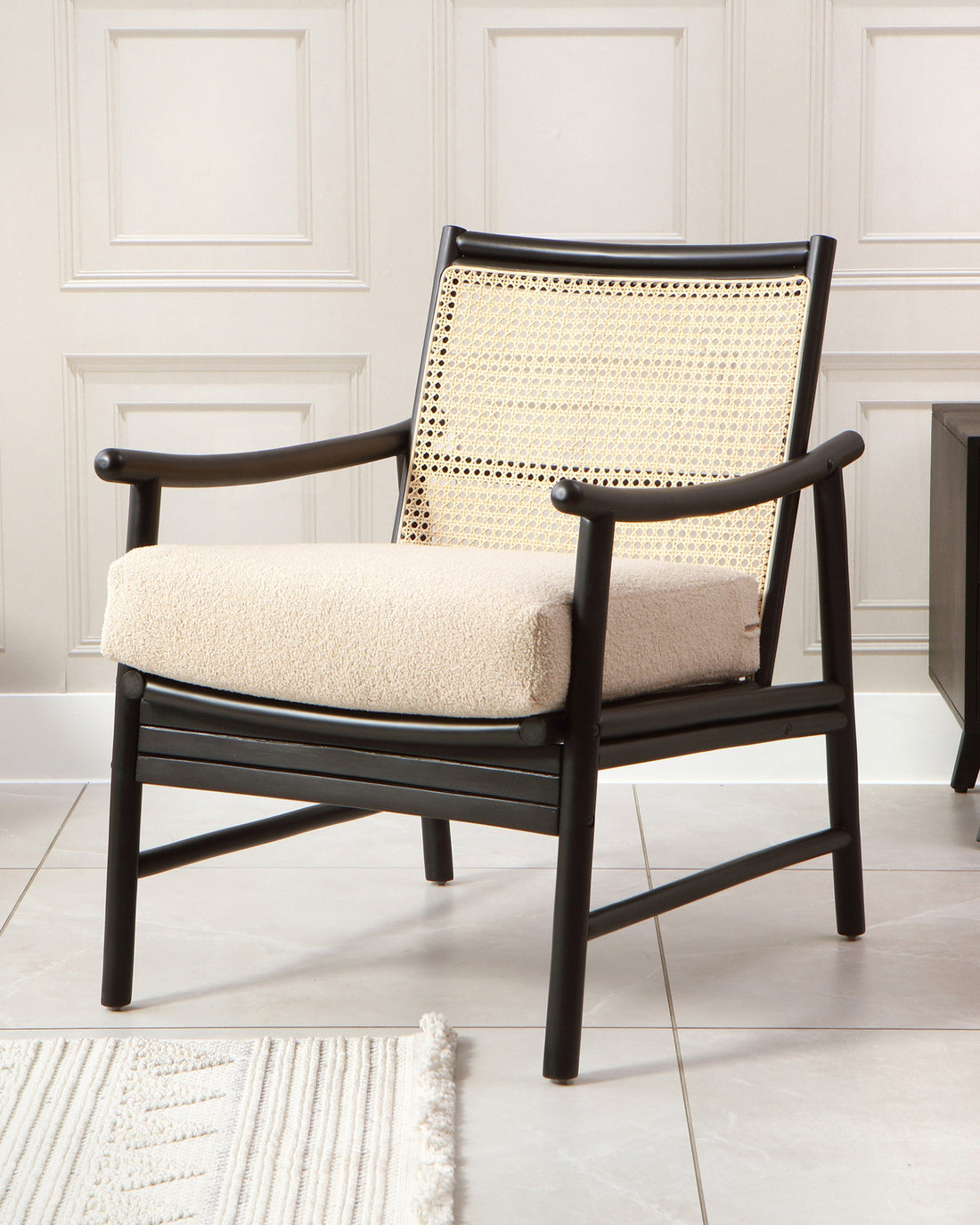 Capri Black Rattan Chair with Boucle Cushion