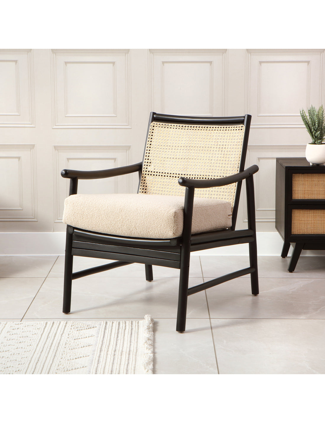 Capri Black Rattan Chair with Boucle Cushion