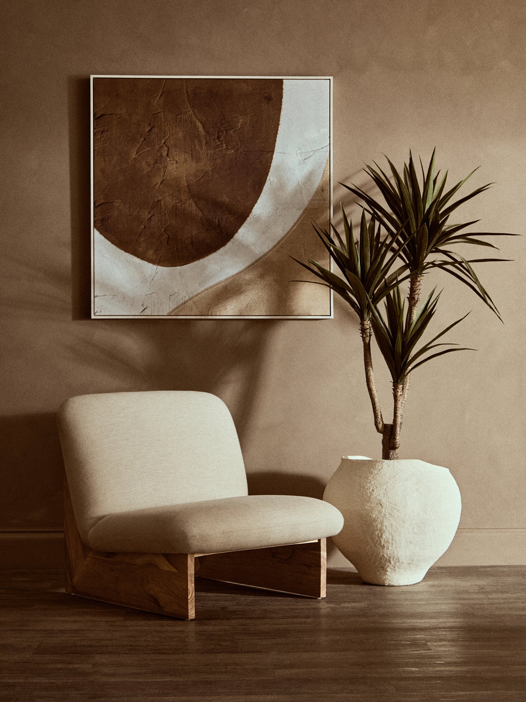 Image of Parova Cream Linen Textured Armless Chair With Wood Base