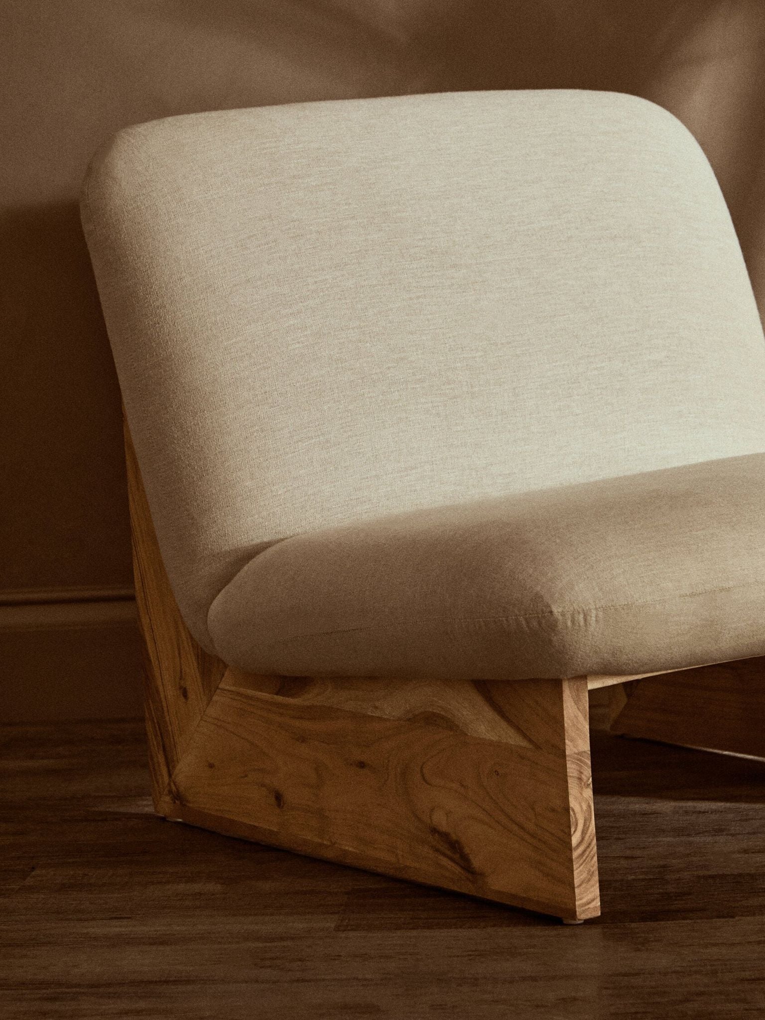 Image of Parova Cream Linen Textured Armless Chair With Wood Base