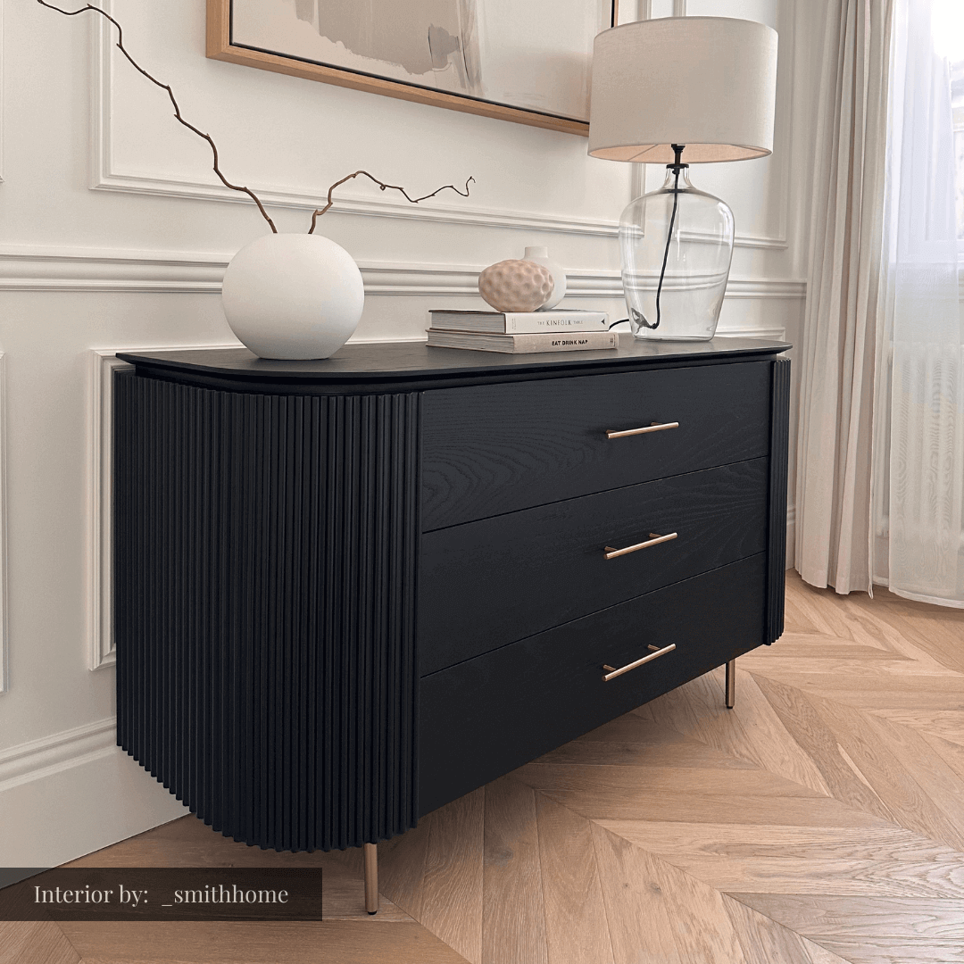 Image of Lantine 3 Drawer Dresser - Black Oak & Brass