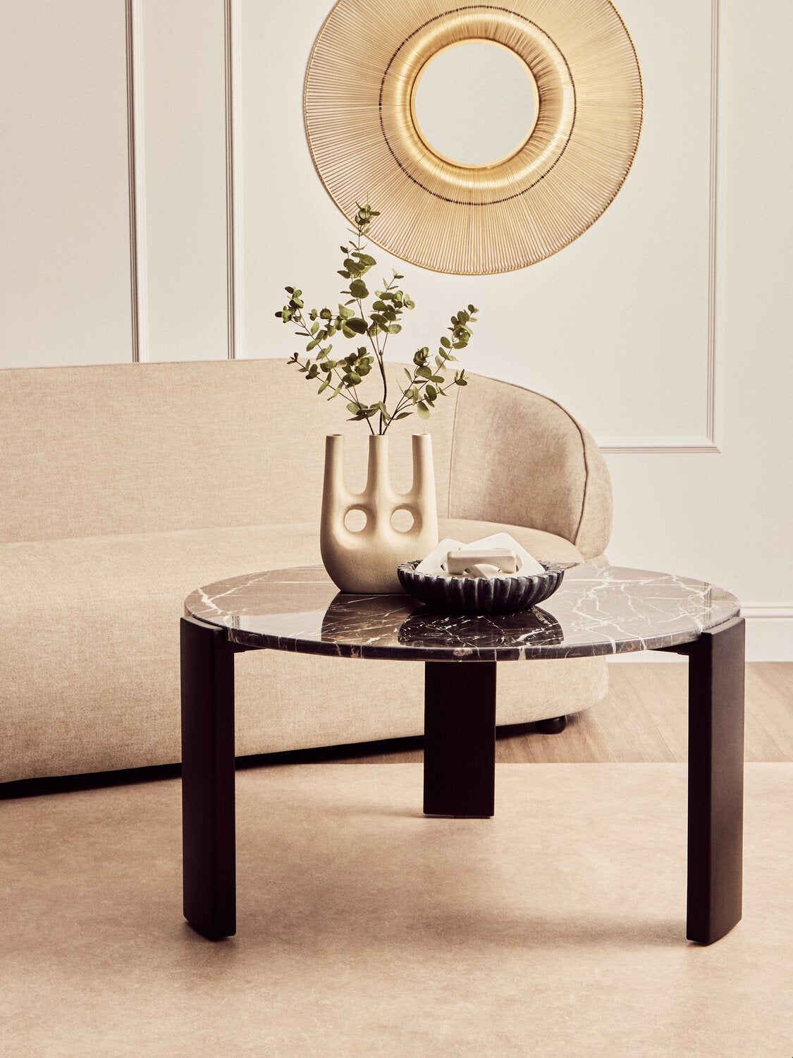 Image of Palermo Round Black Marble Top Large Coffee Table - Lifestyle