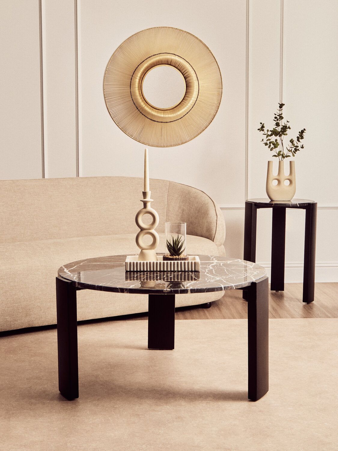 Image of Palermo Round Black Marble Top Large Coffee Table - Lifestyle