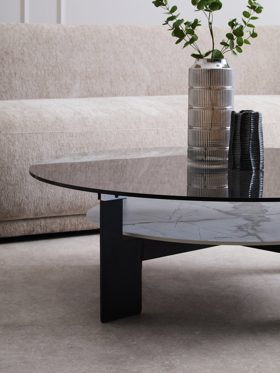 Image of Imperia Round Grey Glass And Ceramic Large Coffee Table - Lifestyle