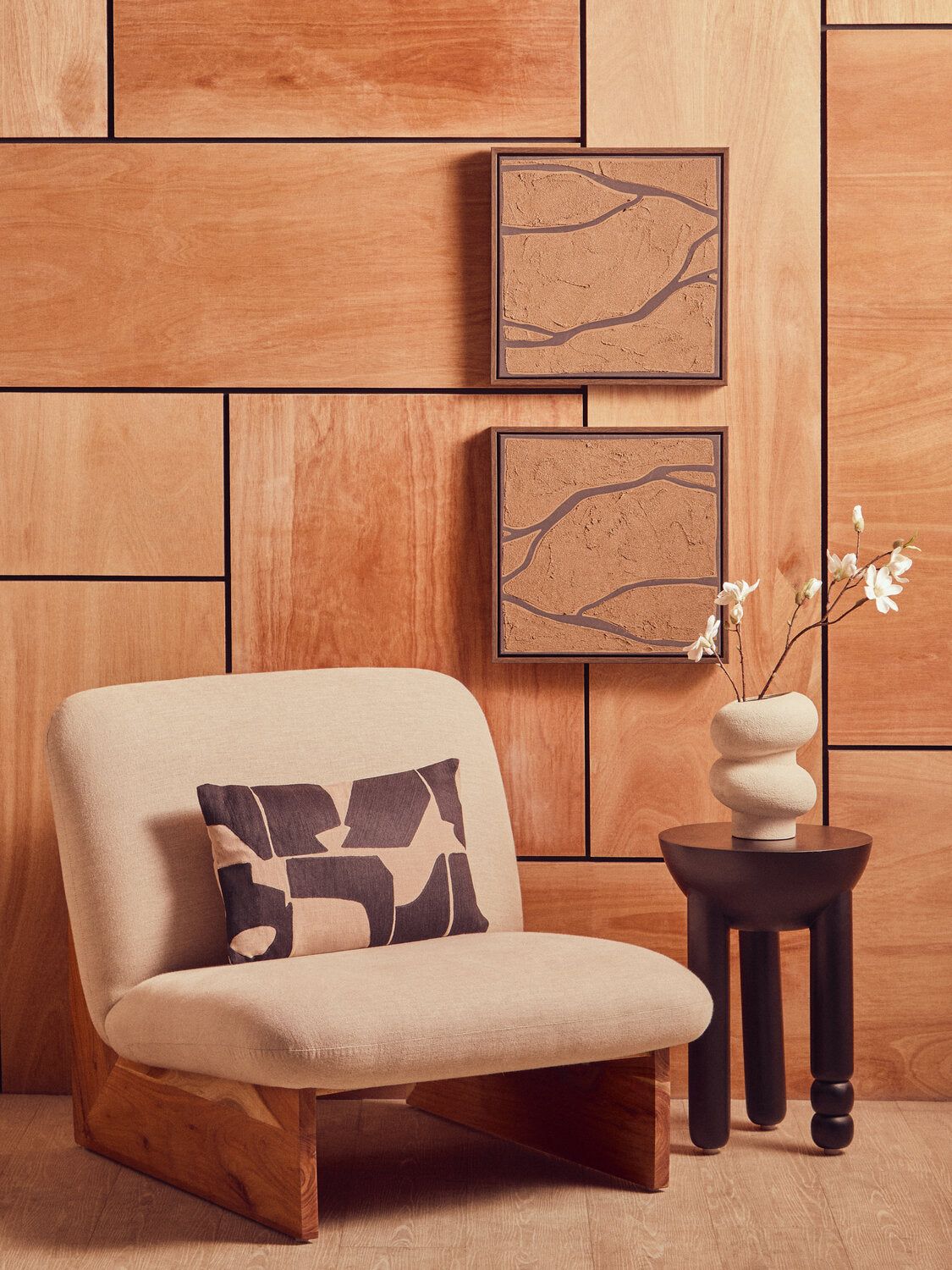 Image of Parova Cream Linen Textured Armless Chair With Wood Base - Lifestyle