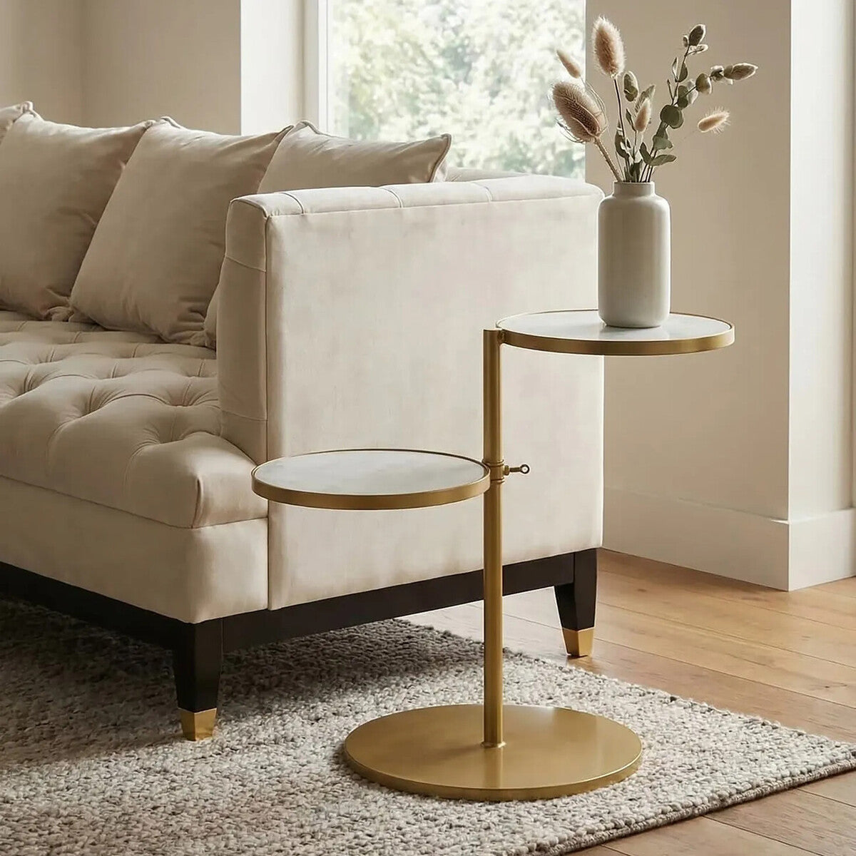 Image of Gold Finish 2 Shelves Side Table with White Marble Tops, Rabia