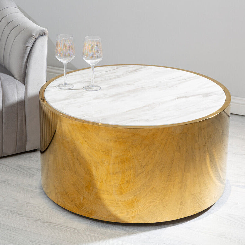 Image of White Marble Effect Top Round Coffee Table with Gold Steel Frame, Carlox