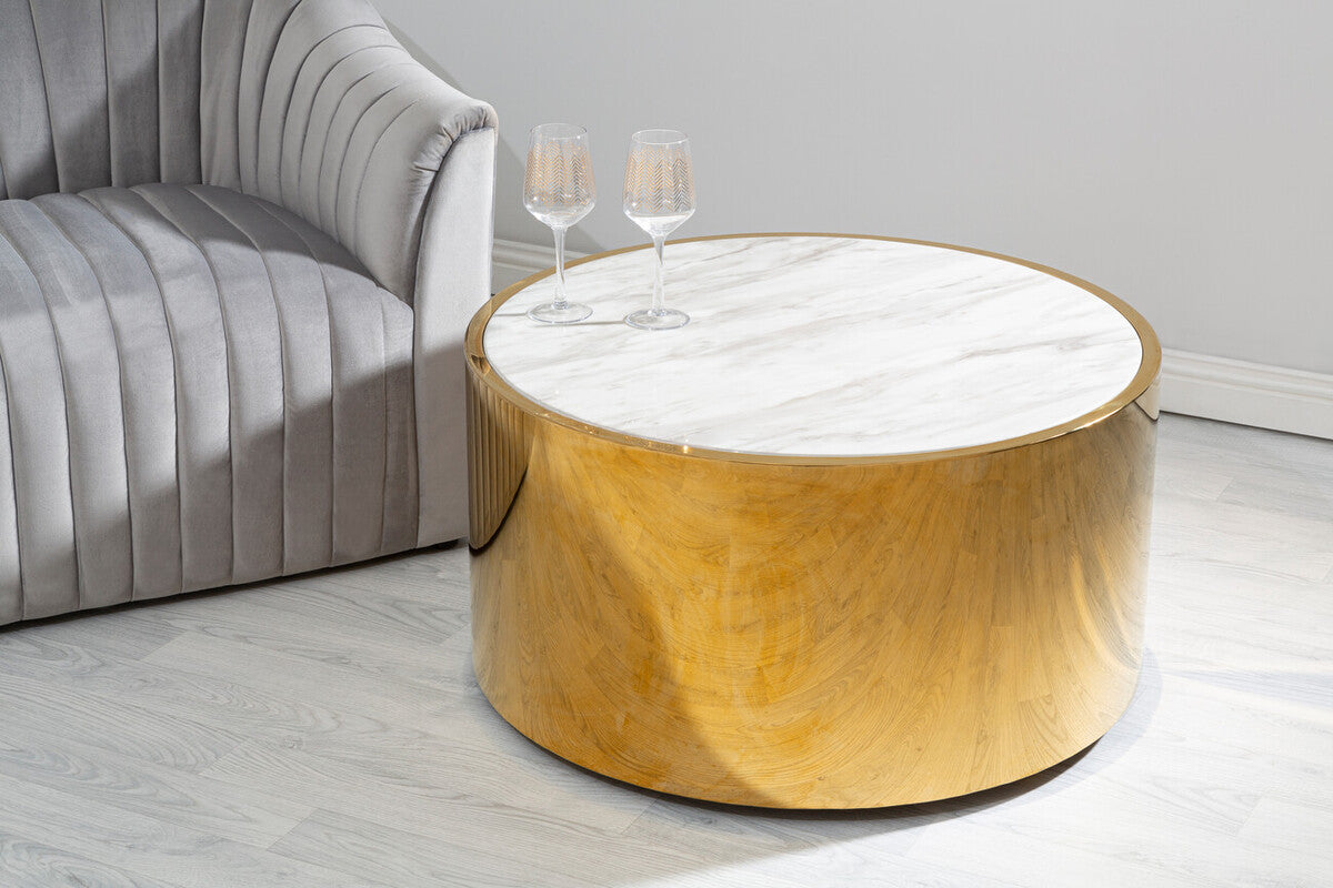 Image of White Marble Effect Top Round Coffee Table with Gold Steel Frame, Carlox