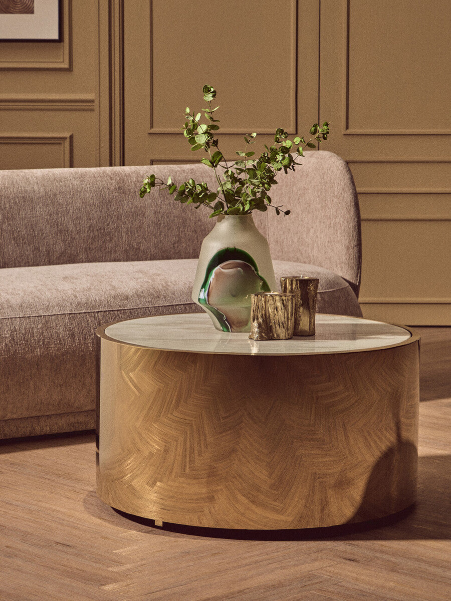 Image of White Marble Effect Top Round Coffee Table with Gold Steel Frame, Carlox