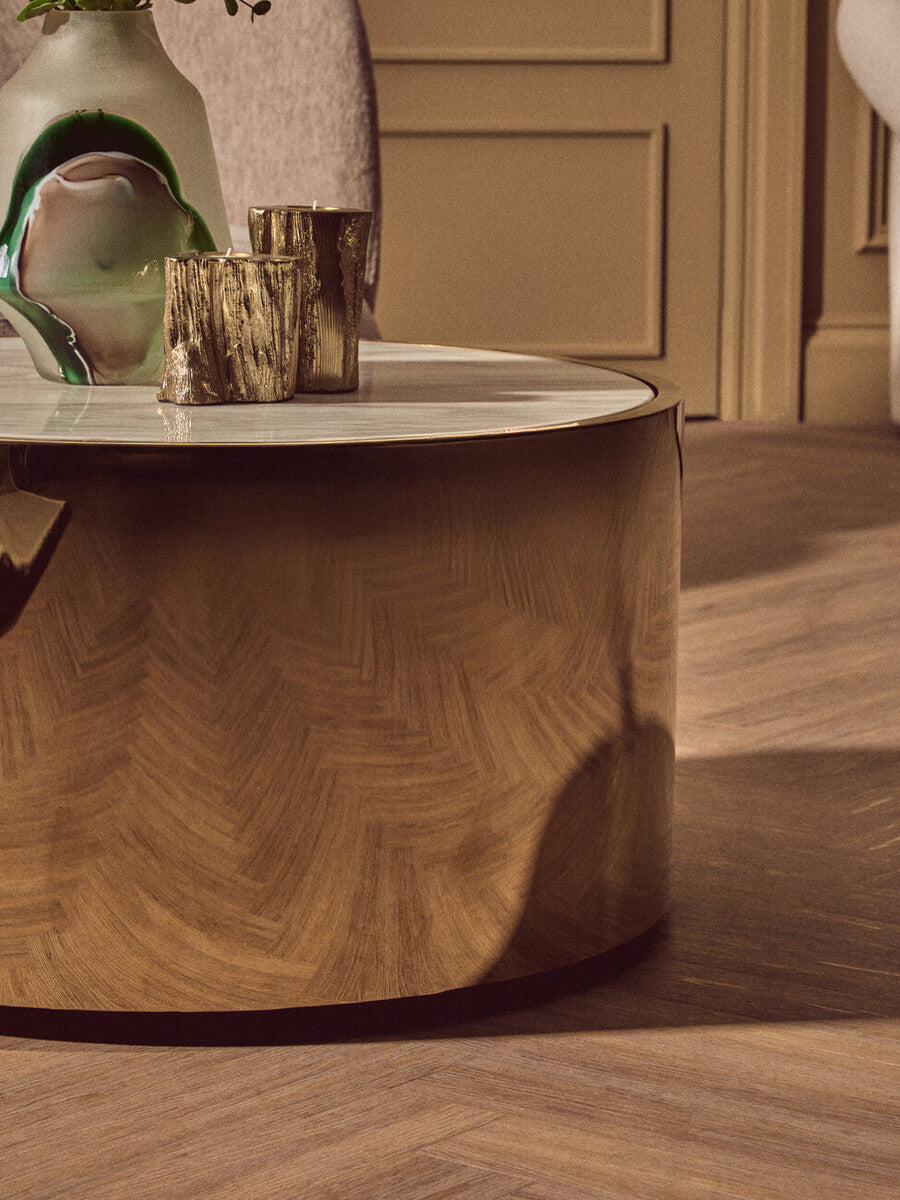 Image of White Marble Effect Top Round Coffee Table with Gold Steel Frame, Carlox