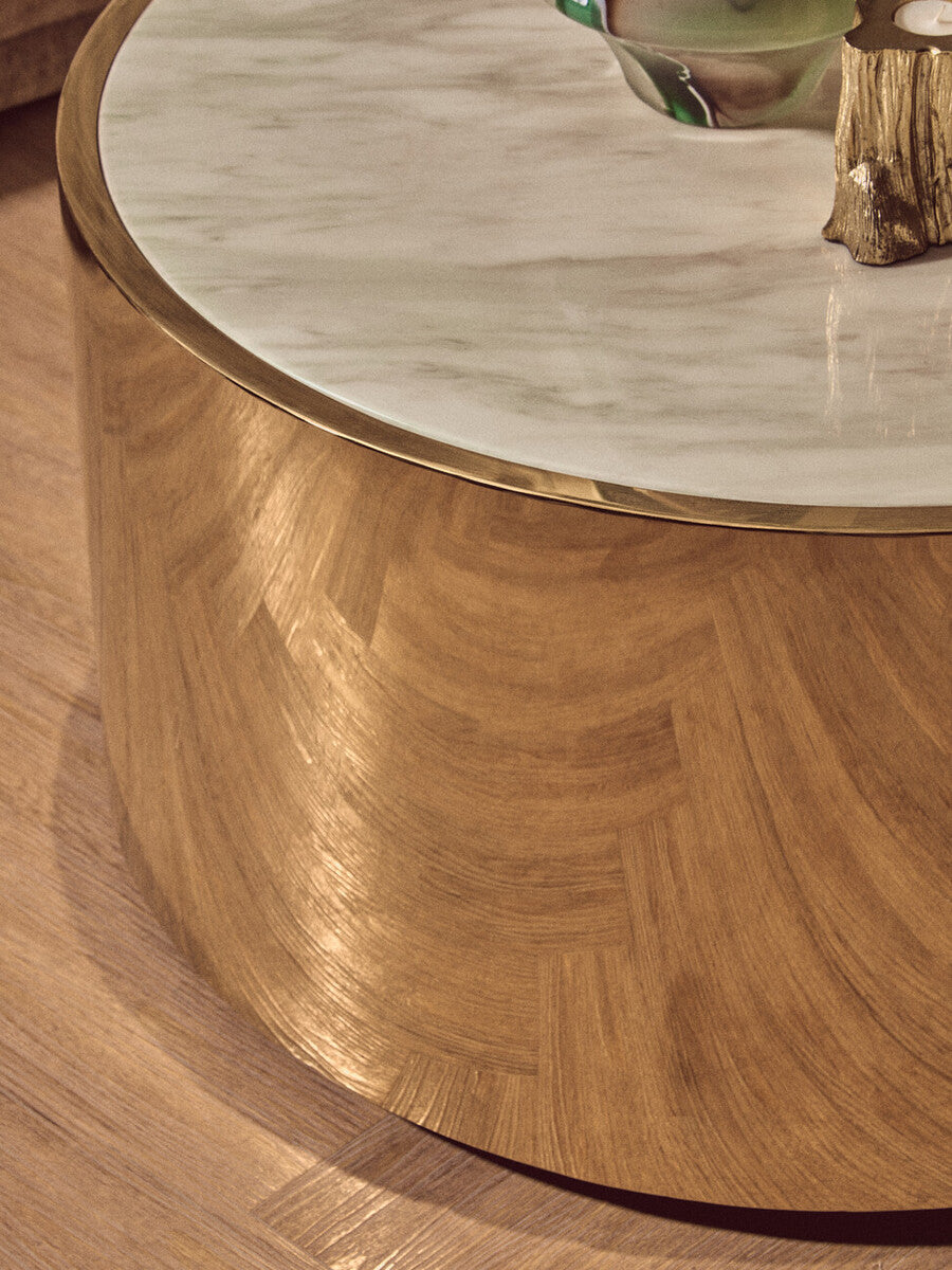 Image of White Marble Effect Top Round Coffee Table with Gold Steel Frame, Carlox