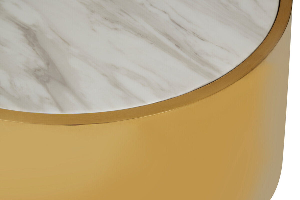 Image of White Marble Effect Top Round Coffee Table with Gold Steel Frame, Carlox