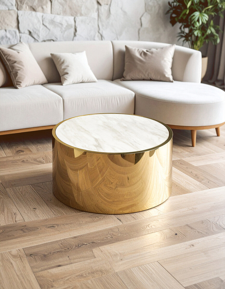 Image of White Marble Effect Top Round Coffee Table with Gold Steel Frame, Carlox
