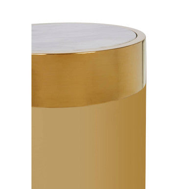 Image of White Marble Effect Round Side Table with Gold Finish Metallic Base, Carlox