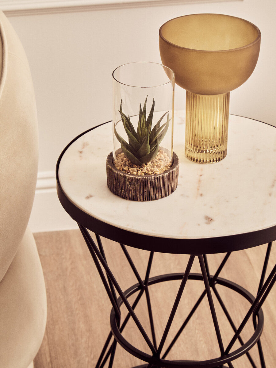 Image of White Marble Top Side Table with Black Triangular Iron Base, Shalimar