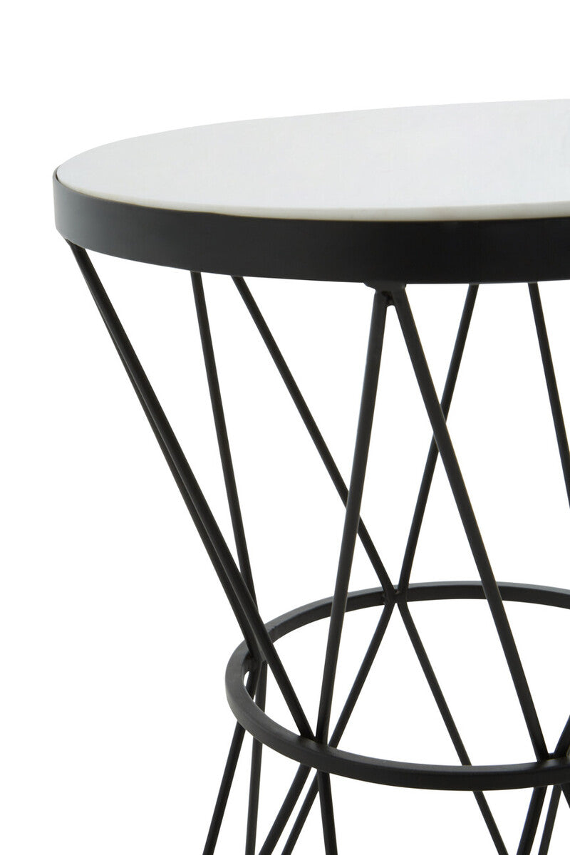 Image of White Marble Top Side Table with Black Triangular Iron Base, Shalimar