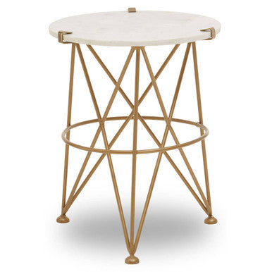 Image of White Rounded Marble Top Side Table with Gold Brass Finish Intersecting Legs, Rabia