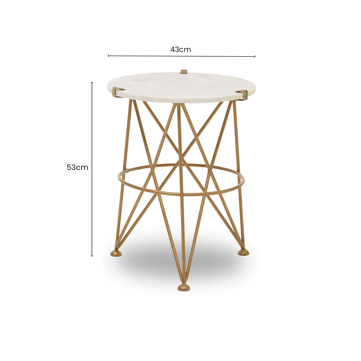 Image of White Rounded Marble Top Side Table with Gold Brass Finish Intersecting Legs, Rabia