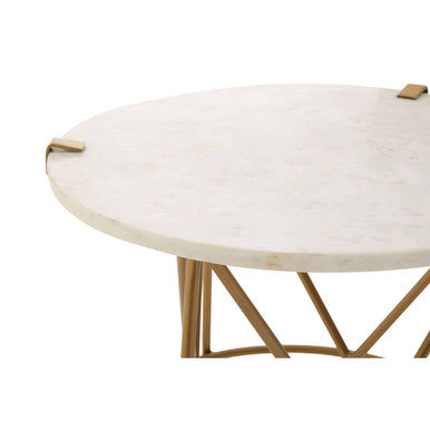Image of White Rounded Marble Top Side Table with Gold Brass Finish Intersecting Legs, Rabia