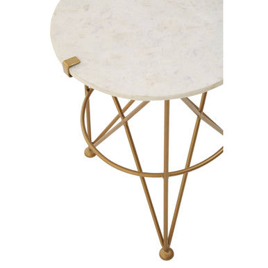 Image of White Rounded Marble Top Side Table with Gold Brass Finish Intersecting Legs, Rabia
