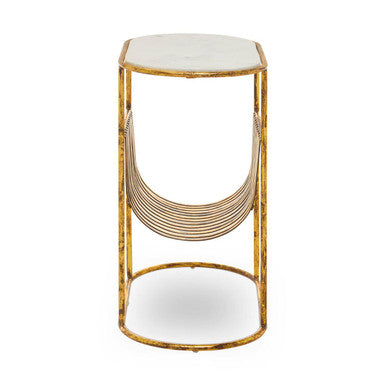 Image of White Marble Top Side Table with Curved Magazine Rack and Gold Metallic Frame, Rabia