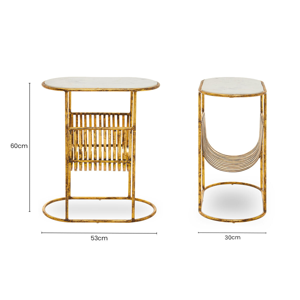 Image of White Marble Top Side Table with Curved Magazine Rack and Gold Metallic Frame, Rabia
