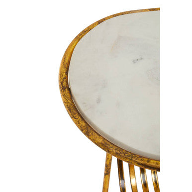 Image of White Marble Top Side Table with Curved Magazine Rack and Gold Metallic Frame, Rabia