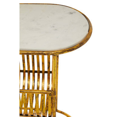Image of White Marble Top Side Table with Curved Magazine Rack and Gold Metallic Frame, Rabia