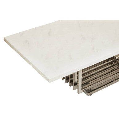 Image of White Faux Marble Top Coffee Table with Silver Geometric Stainless Steel Frame, Moda