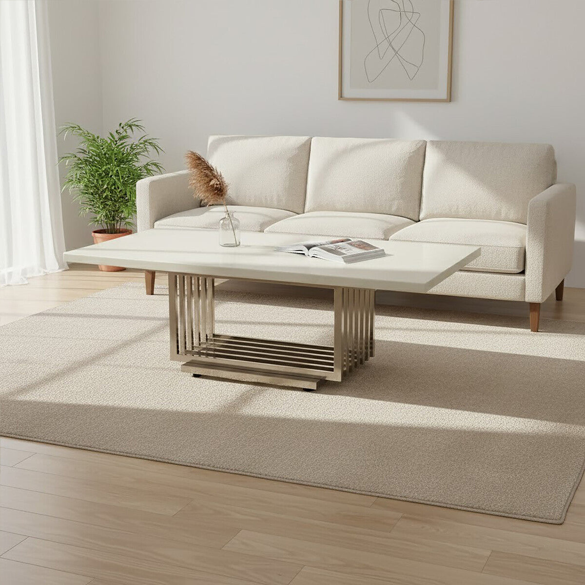 Image of White Faux Marble Top Coffee Table with Silver Geometric Stainless Steel Frame, Moda