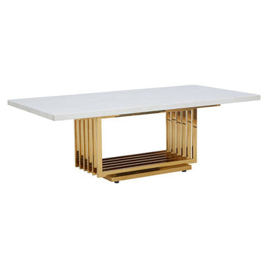 Image of Ivory White Faux Marble Top Coffee Table with Geometric Gold Finished Stainless Steel Frame, Moda