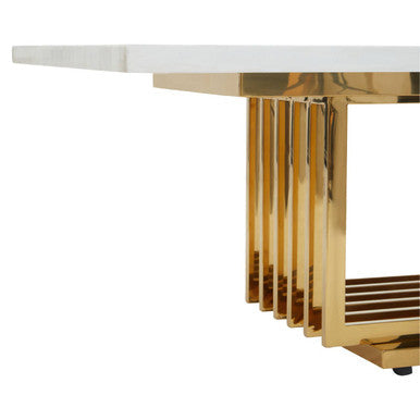Image of Ivory White Faux Marble Top Coffee Table with Geometric Gold Finished Stainless Steel Frame, Moda