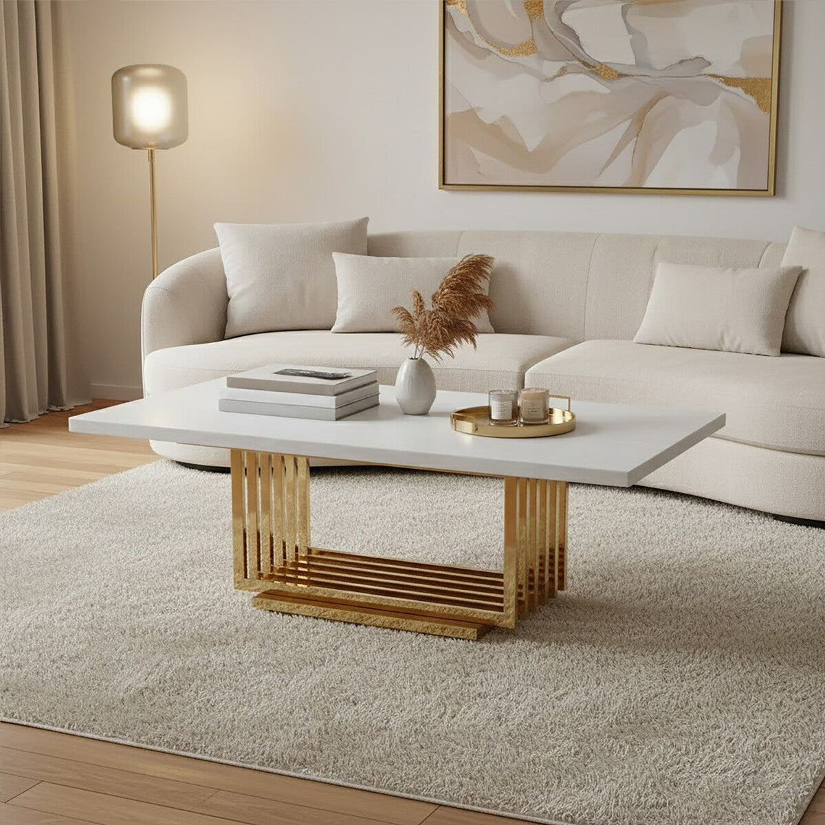 Image of Ivory White Faux Marble Top Coffee Table with Geometric Gold Finished Stainless Steel Frame, Moda